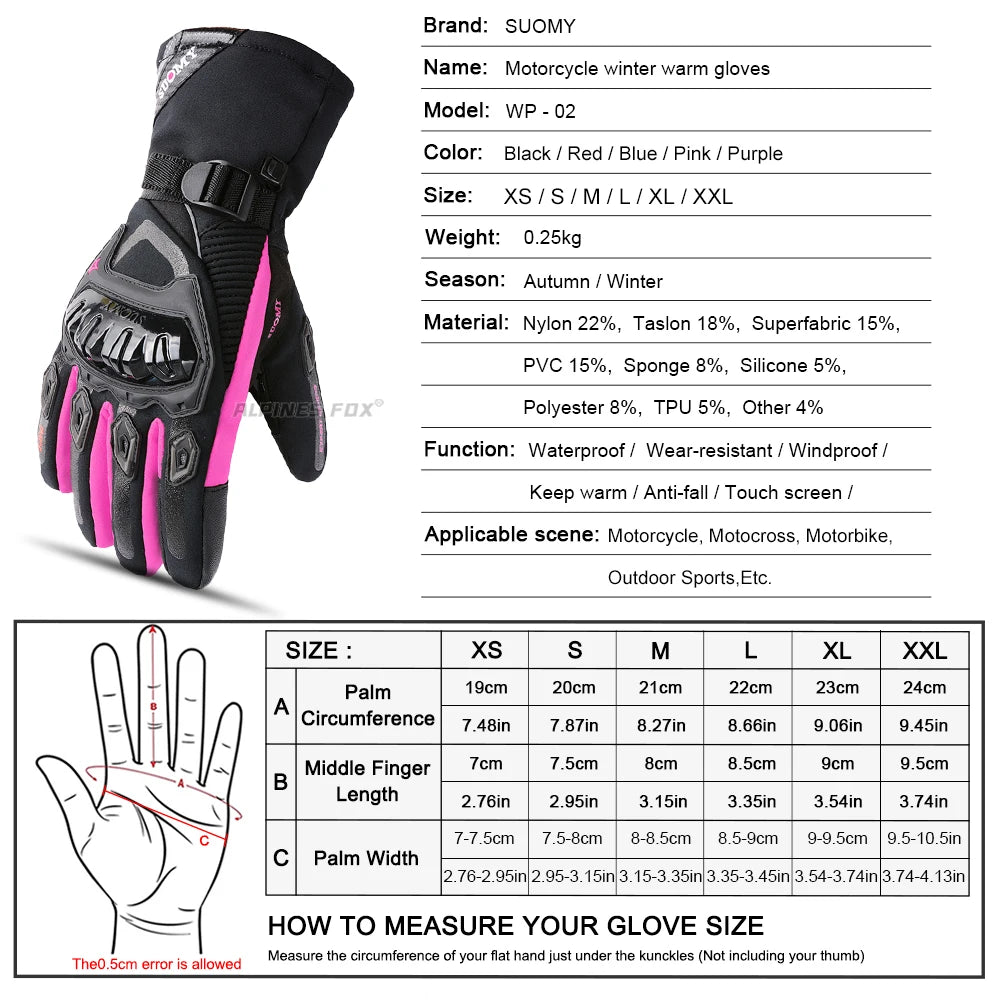 Suomy Winter Warm Motorcycle Gloves Windproof Waterproof Lady Pink Motorbike Riding Gloves Women Purple Motocross Guantes XS-XXL