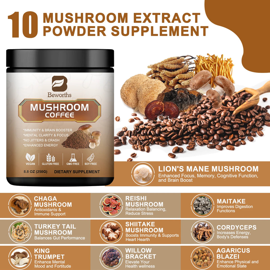 10x Mushrooms Coffee Supplement with Lion's Mane and Cordyceps for Focus and Immune Support Energy Brain Booster