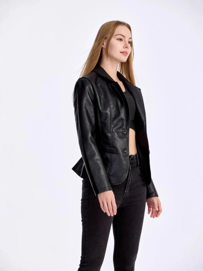 Korean version lapel PU leather jacket, women's slim fit, thin motorcycle suit jacket, autumn jacket, women's clothing