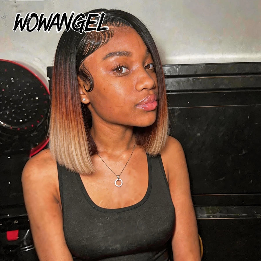 Ombre Ash Blonde 13x6 HD Lace Full Frontal Short Bob Human Hair Wigs Straight Bob Wigs Bleached Knots Pre-Plucked Hair For Women
