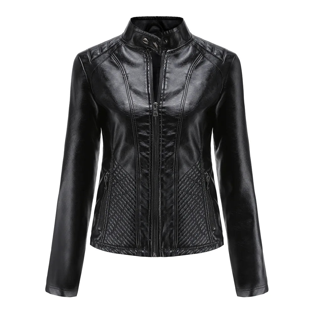 Women's Long Sleeved Zipper Motorcycle Jacket, Casual Leather Jacket, Simple and Trendy Clothing, Autumn and Winter popular