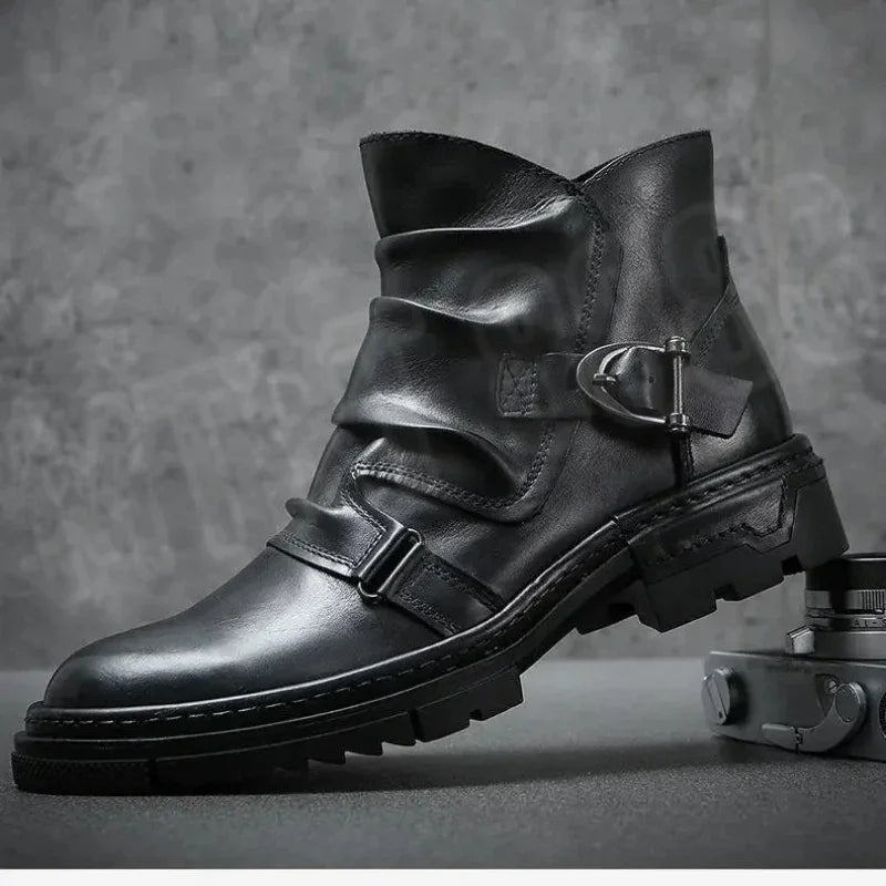 HOT Retro Men's Motorcycle Leather Boots British Style Round Head High Top Shoes Casual Platform Boots Moto Street Gear