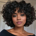 Brazilian Afro Puff Pixie Bob Wig Natural Full Machine Made Pre-Plucked Bangs 100% Human Hair For Black Women
