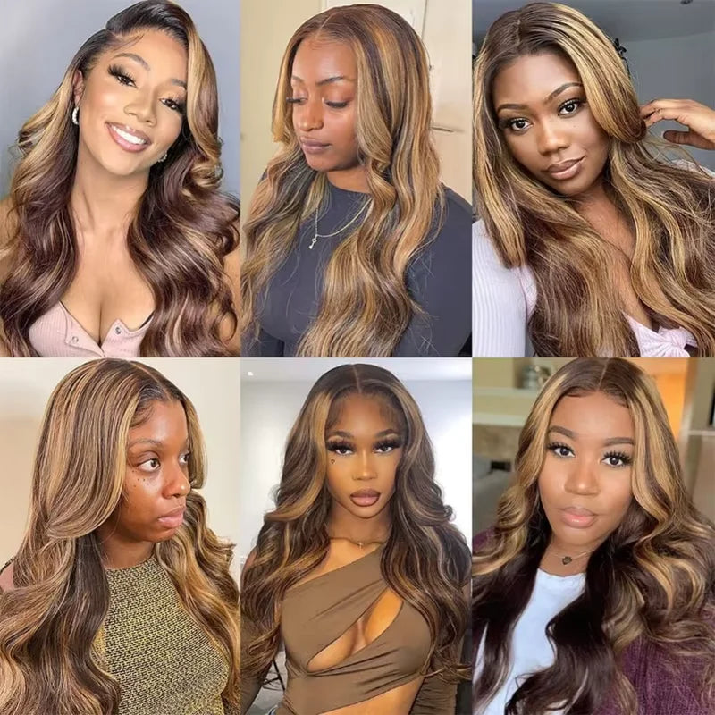 P4/27 Brazilian Body Wave Human Hair Wig for Women 34 Inch 13x4 HD Transparent Lace Frontal with Colored Highlights