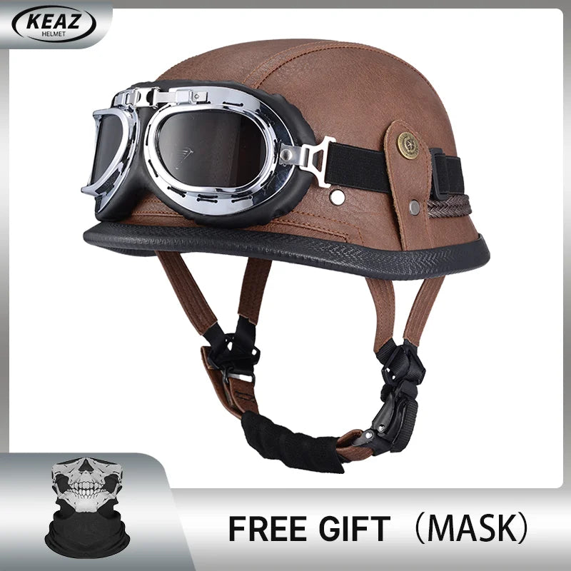 Factory Price Motorcycle German Style Leather Half Face Helmet DOT Approved Cap1/2 Shell Helmets+Goggles Open-Face Casque