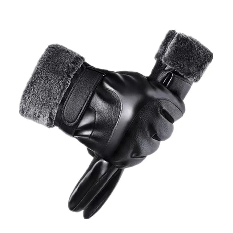Leather Gloves Men's Winter Fleece Thickened Warm Touch Screen Windproof Waterproof Driving Motorcycle Riding Gloves Women's Win