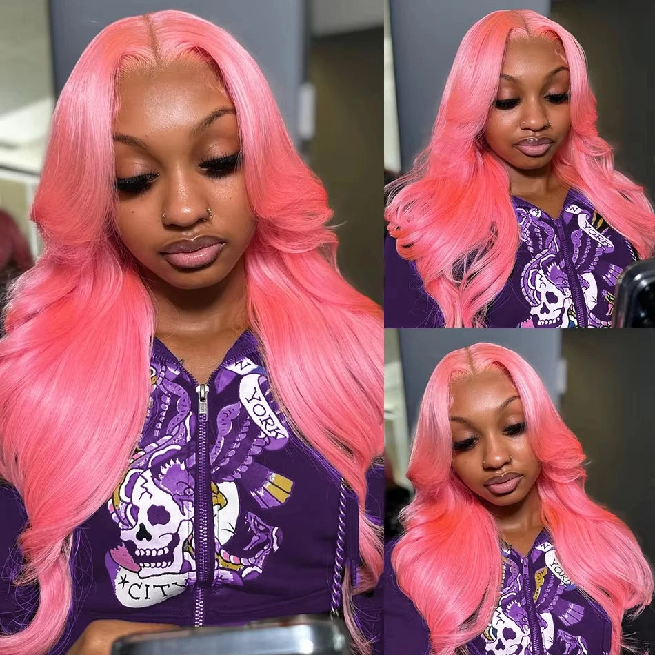 Brazilian Colored 38 Inch Lace Front Wigs Pink Wig Body Wave Human Hair Wigs 100% 13X6 Hd Lace Frontal Wig 220 Density For Women
