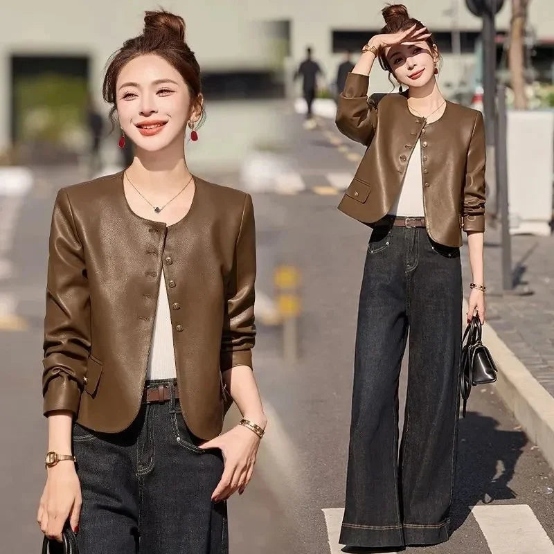 Leather Jacket for Women 2026 Spring Autumn New Retro Fashion Casual Round Neck Short LeatherCoat Motorcycle Clothing Female