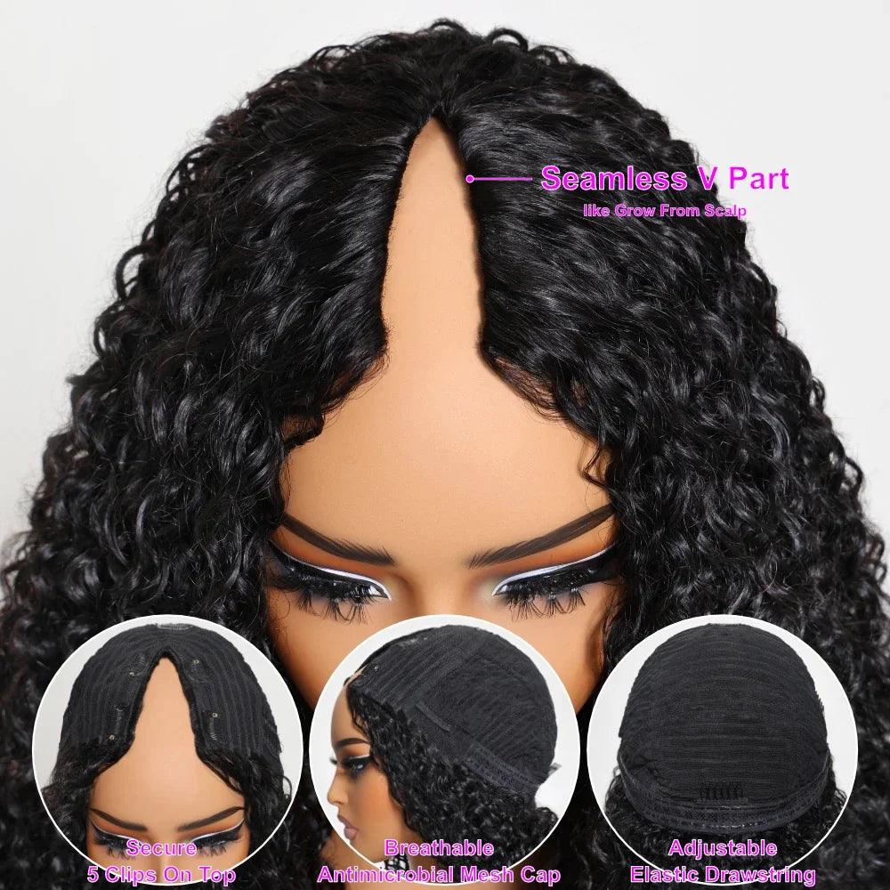 V Part Curly Human Hair Wig 16-32 Inches 200 Density V Shape Wig Natural Brazilian Hair Wig For Black Women Remy Hair Wigs