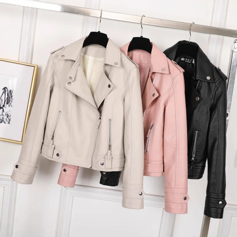 New Pink/beige/black Women's Clothing Short Motorcycle PU Leather Jacket Autumn JAdd Cotton Coats Lapels Zip Short Women Jackets