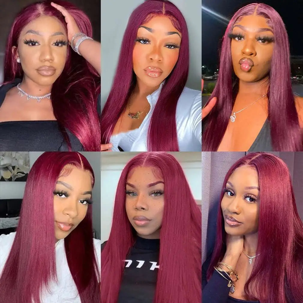 99J Red Burgundy Colored Lace Frontal Human Hair Wigs 13X6 HD Straight Lace Front Wig 200 Density Pre Plucked Human Hair Wig