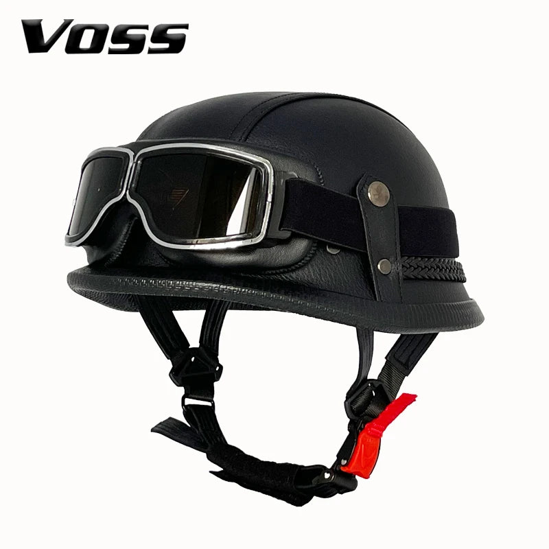 Vintage leather WWII-style black riding helmet, unisex open-face half helmet for German motorcycles, factory direct sales.