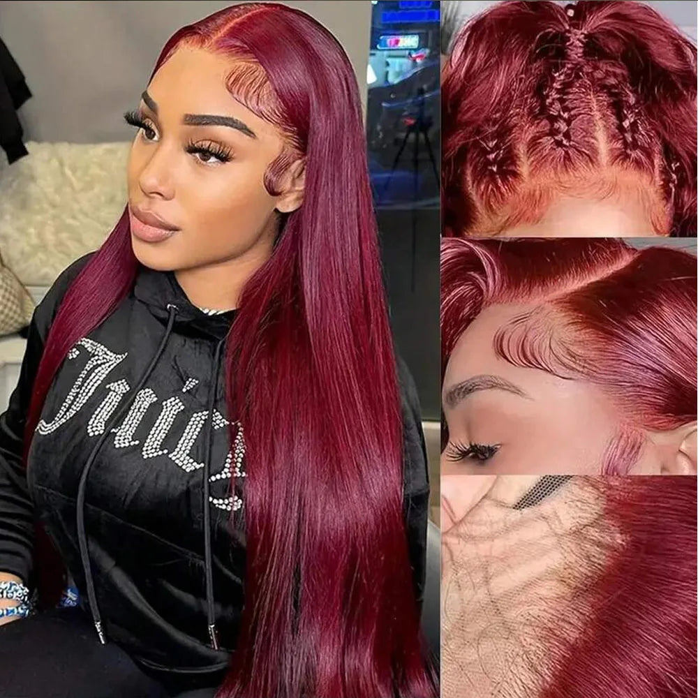 34 Inch 99j Burgundy Red 13X4 Straight Lace Front Wigs Human Hair Transparent Lace Frontal Wigs For Women 250% Density