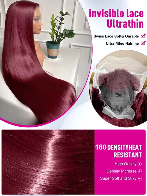 99j Burgundy 30 36 Inch Bone Straight 13x6 Hd Human Hair Lace Frontal Wig 13x4 Brazilian Red Colored Lace Front Human Hair Wigs