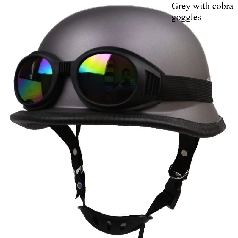 Vintage German Motorcycle Helmet, Open Face Retro Half Helmet, Pilot Approved With, Available in Sizes S to XXL.
