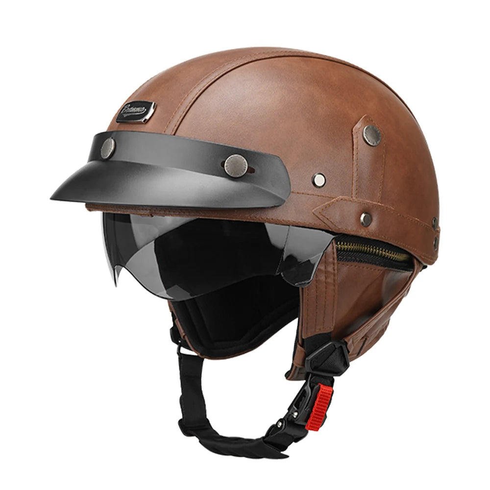 Motorcycle Half Helmet Leather Motorbike Open Face Helmet Vintage Fashion Safety Helmets Anti Fall And SunCap Moto Helmets M-XL