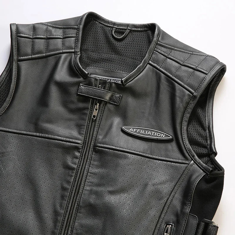 High Quality New Men's Sleeveless Jacket Motorcycle Riding Adjustable Waist Genuine Leather Vest Cowhide Waistcoats
