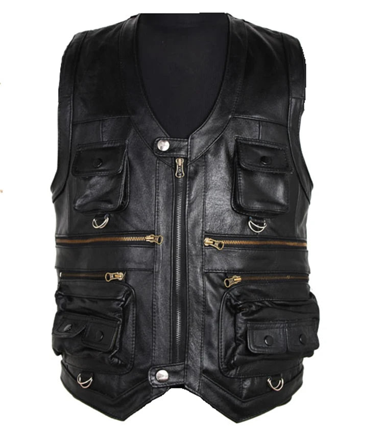2025 Cowhide Genuine Leather Vest Men Waistcoat Male Sleeveless Jacket Thick Motorcycle Vest Multi Pocket leather biker vest