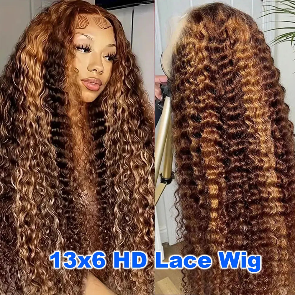 30 32 Highlight Deep Wave Hd Lace Frontal Wig 13x6 Honey Blonde Human Hair Wig Brazilian #4/27 Wet And Wavy Curly Wigs For Women