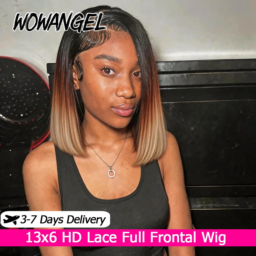 Ombre Ash Blonde 13x6 HD Lace Full Frontal Short Bob Human Hair Wigs Straight Bob Wigs Bleached Knots Pre-Plucked Hair For Women