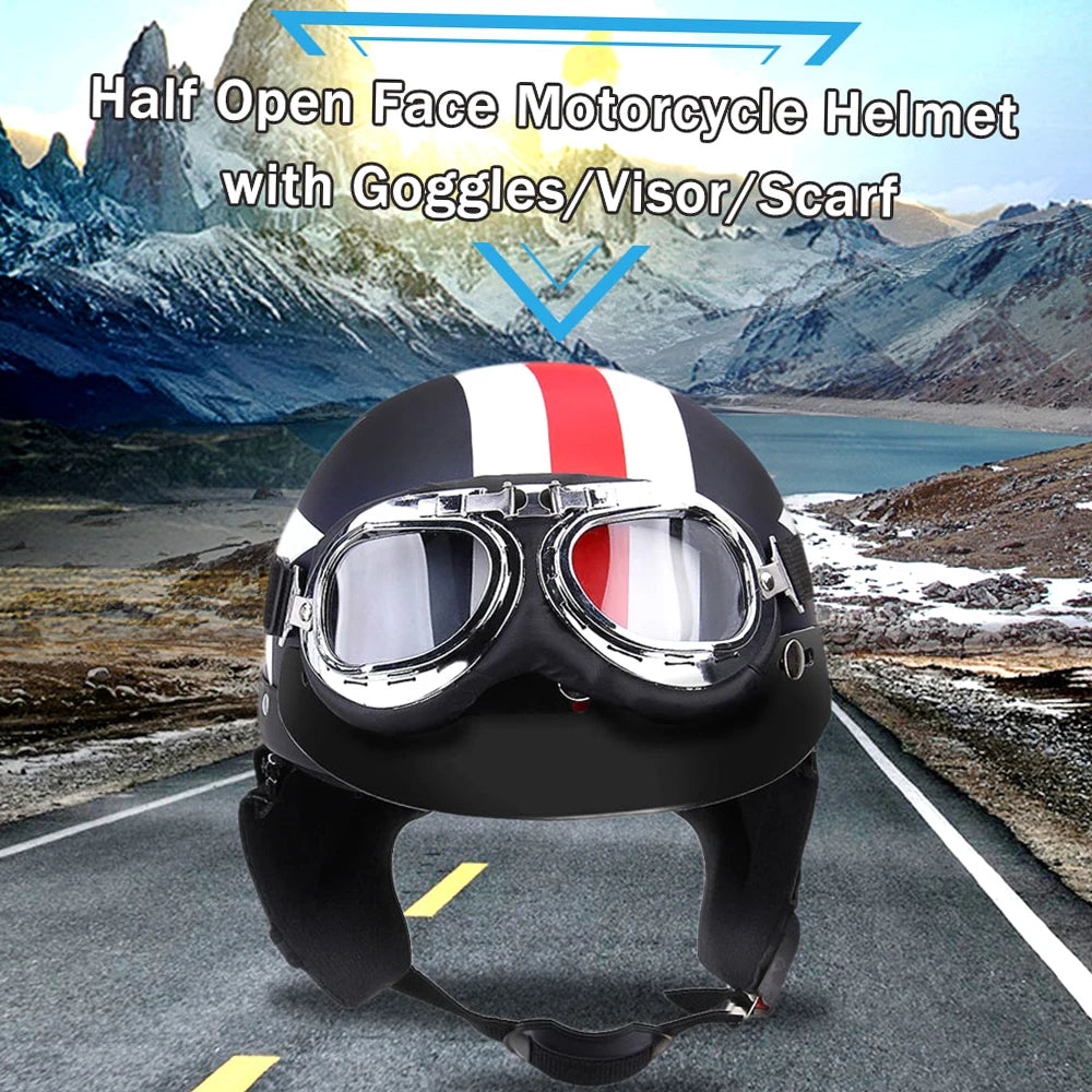 Half Open Face Motorcycle Helmet with Goggles Visor Scarf Biker Scooter Touring Helmet