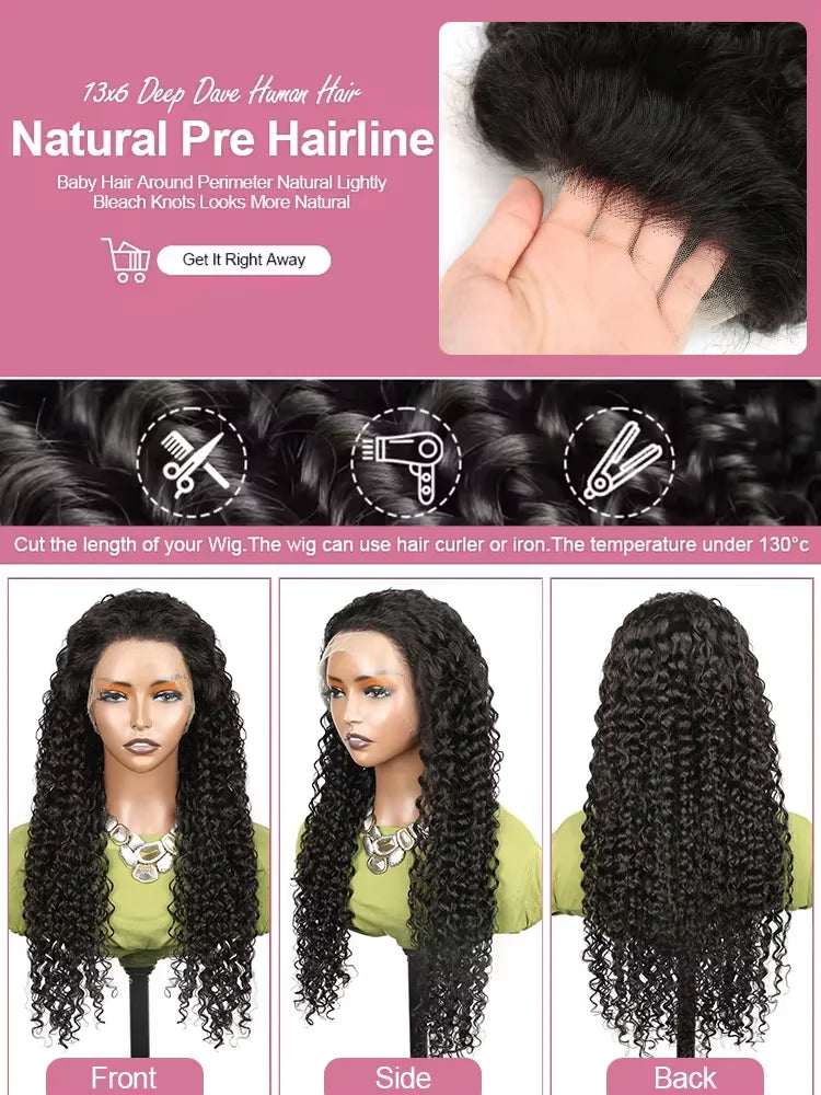 250% Density 13x6 Hd Lace Frontal Wig Deep Wave Curly Raw Human Hair Preplucked Water Wave Front Wigs For Black Women Brazilian
