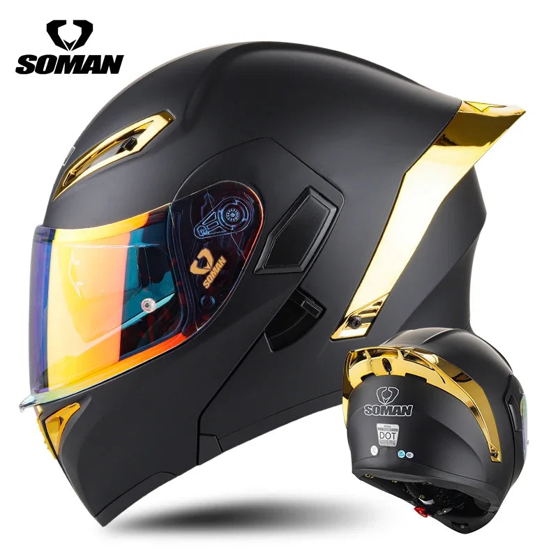 SOMAN Full Face Helmet Dual Lens Flip Up Motorcycle Helmets Casco Accessories Men Women Casque Moto Racing DOT Approved Visor