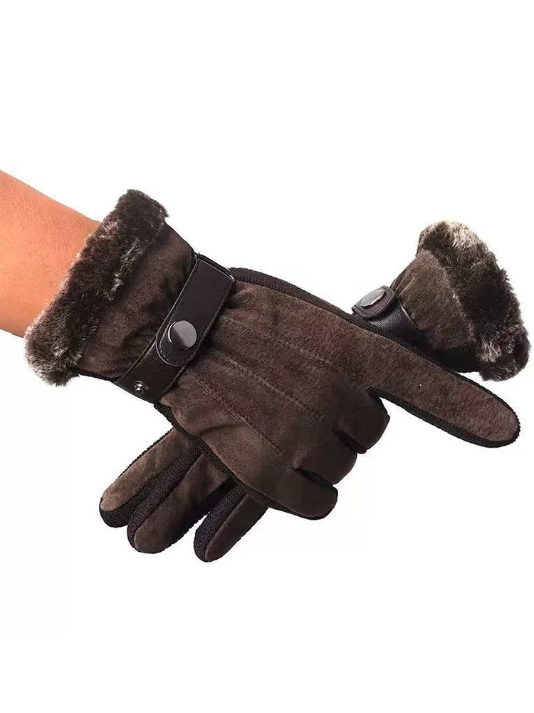 Men's Pigskin Touchscreen Gloves, Fleece-Lined, Thickened for Winter, Windproof Motorcycle Riding Cold-Resistant Gloves