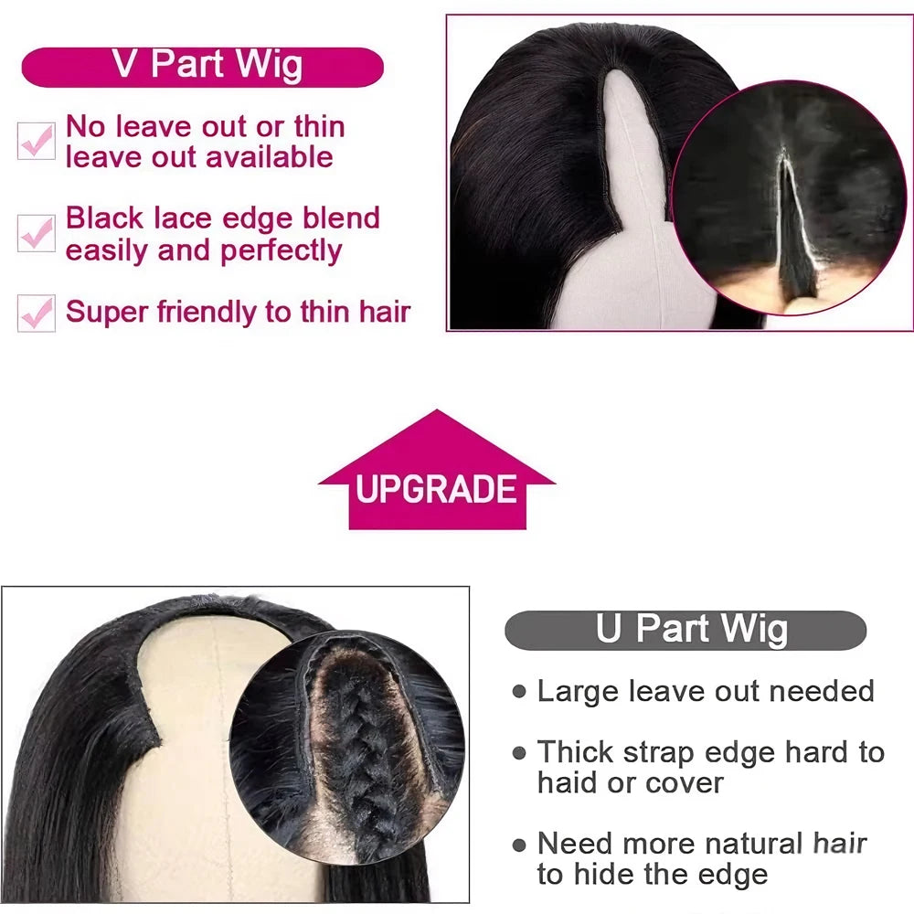 V Part Wigs Human Hair Straight Human Hair Wigs No Leave Out No Sew-In Glueless 220 Density Natural Black Beginner Friendly