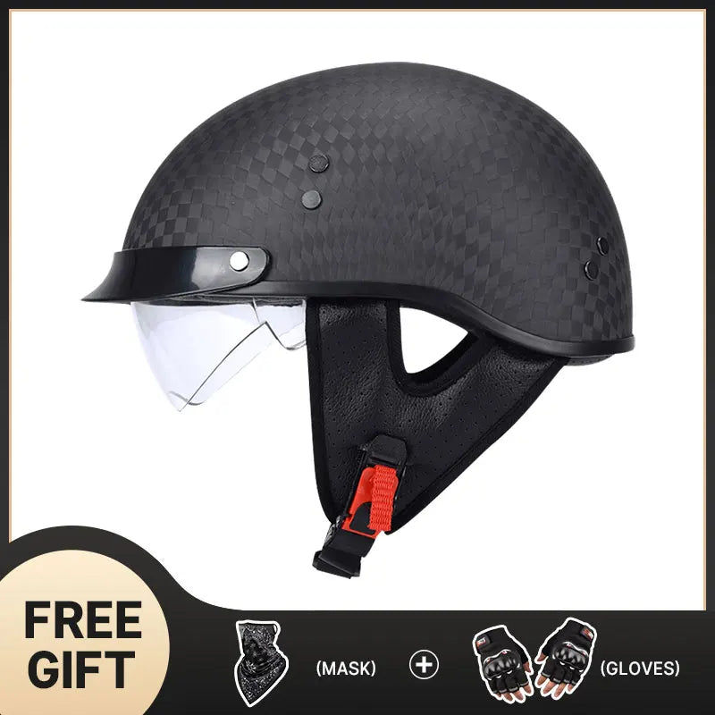 Light Weight 12K Gloss Black Carbon Fiber Scooter Motorcycle Half Face Helmet Motobike Helmet Inner Dark and Clear Lens