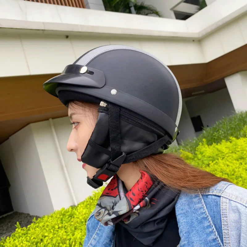 Retro Leather Motorcycle Helmets For Men Women Vintage Moto Half Helmet With Goggles Four Seasons Riding Scooter Capacetes