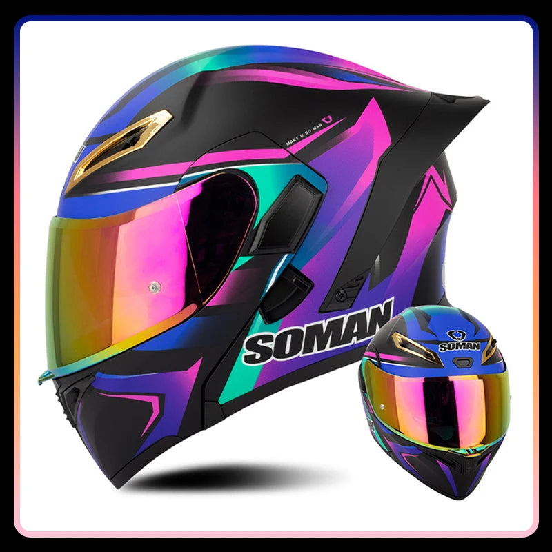 Men Women Motorcycle Helmets Full Face Helmet Colorful Dual Lens Flip Up Helmet DOT Approved Purple Modular Helm Casco Para Moto