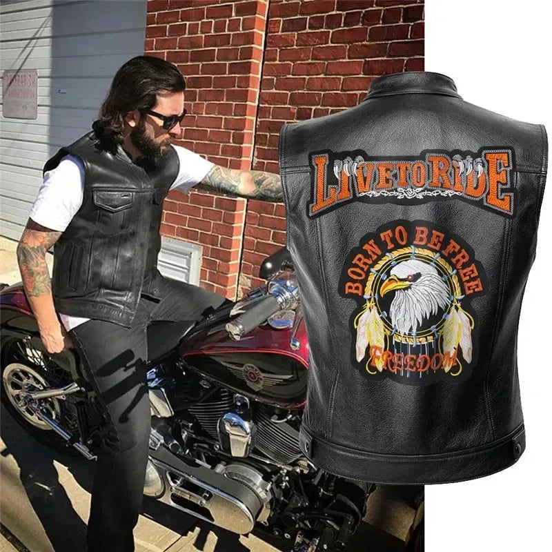 ♥ New 2026 Mens Leather Cosplay Costume Motorcycle Live To Ride Jacket Applique Rock Punk Vest Zipper Top Coat ★Bear House