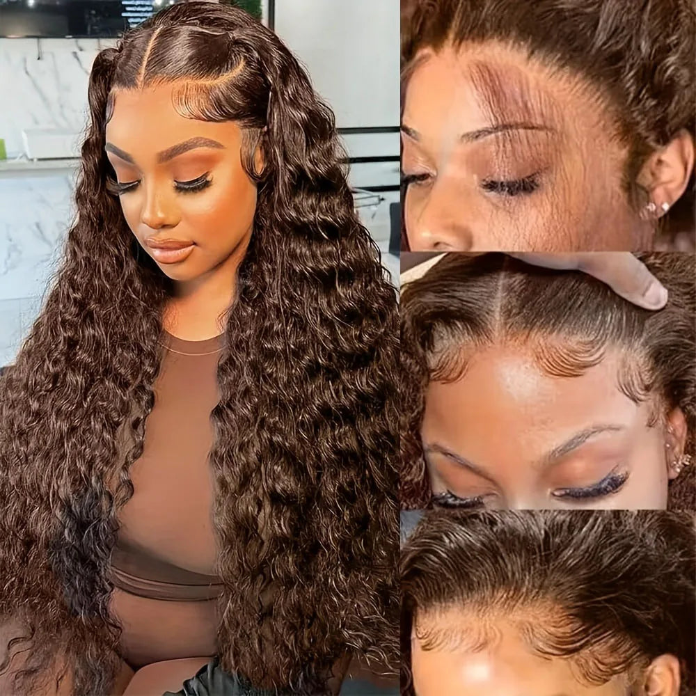 Chocolate Brown Human Hair Wigs Deep Wave 13X4 Hd Lace Frontal Wig Human Hair 250 Density Brazilian Hair For Women 34 Inch