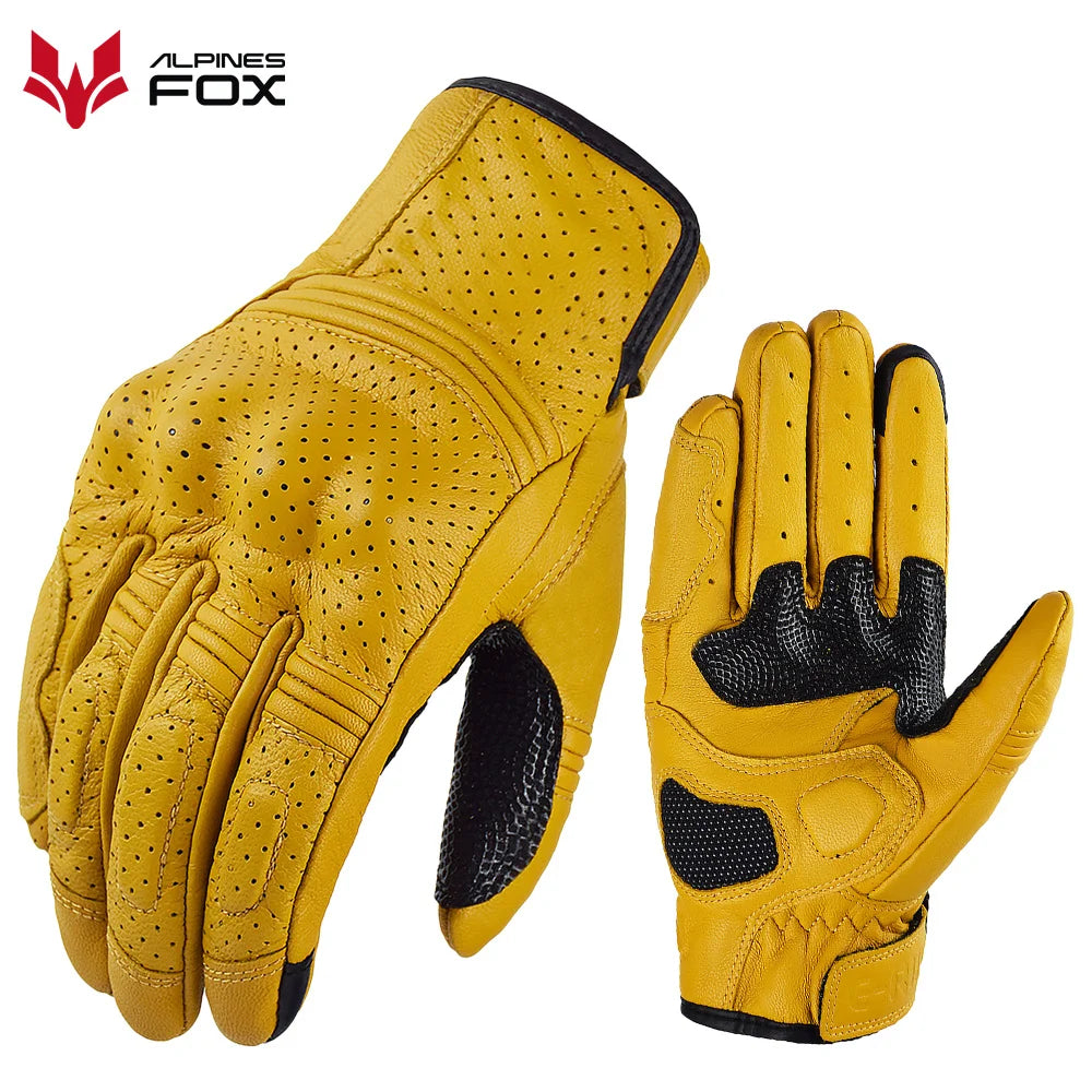 Retro Motorcycle Leather Gloves Perforated Summer Breathable Touch Screen Motobike Cycling Accessories Full Finger Protective