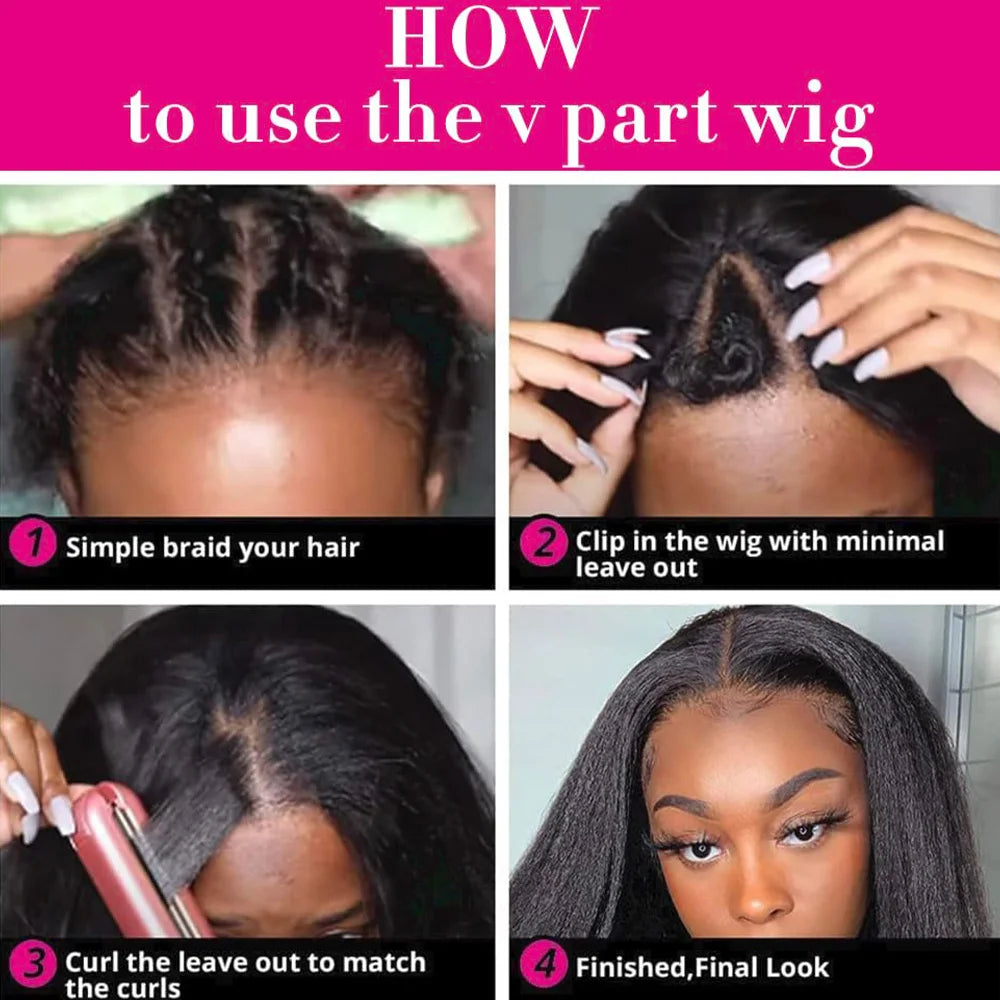 Kinky Straight V Part Wig 12-32 Inch Glueless Wig Human Hair Yaki Straight Ready To Wear Remy Hair Wigs 200 Density No Lace Wigs