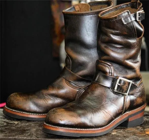 Men Retro Motorcycle Riding Boots Round Middle Boots Flat Bottomed Boots Men Trendy PU Leather Shoes Botas Para Moto Hombre