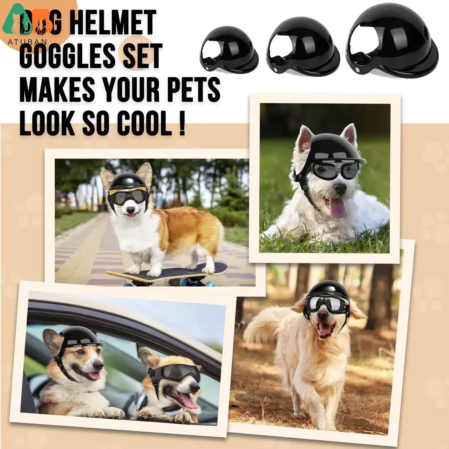 ATUBAN Dog Helmet and Goggles-UV Protection Doggy Sunglasses Dog Glasses Pet Hat Motorcycle Helmets Protection for Puppy Riding