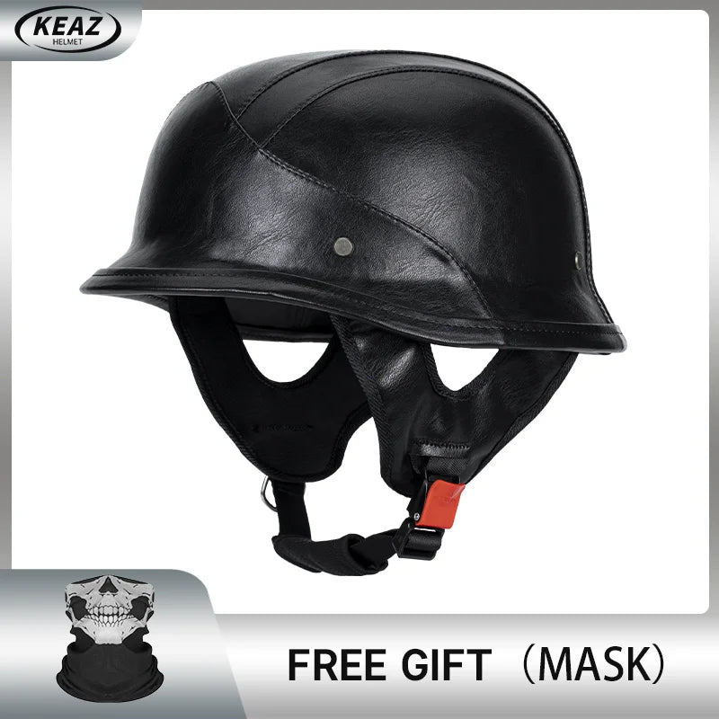 German Half Helmet Premium Vintage Open Face Motorcycle Helmet Genuine Cowhide Leather Cover DOT Certified Classic Retro Design