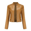 KIDCRKJ Spring Autumn Women's Leather Jacket Female Riveted Stand Collar Casual Coats Women's Motorcycle Jacket Women's Clothing