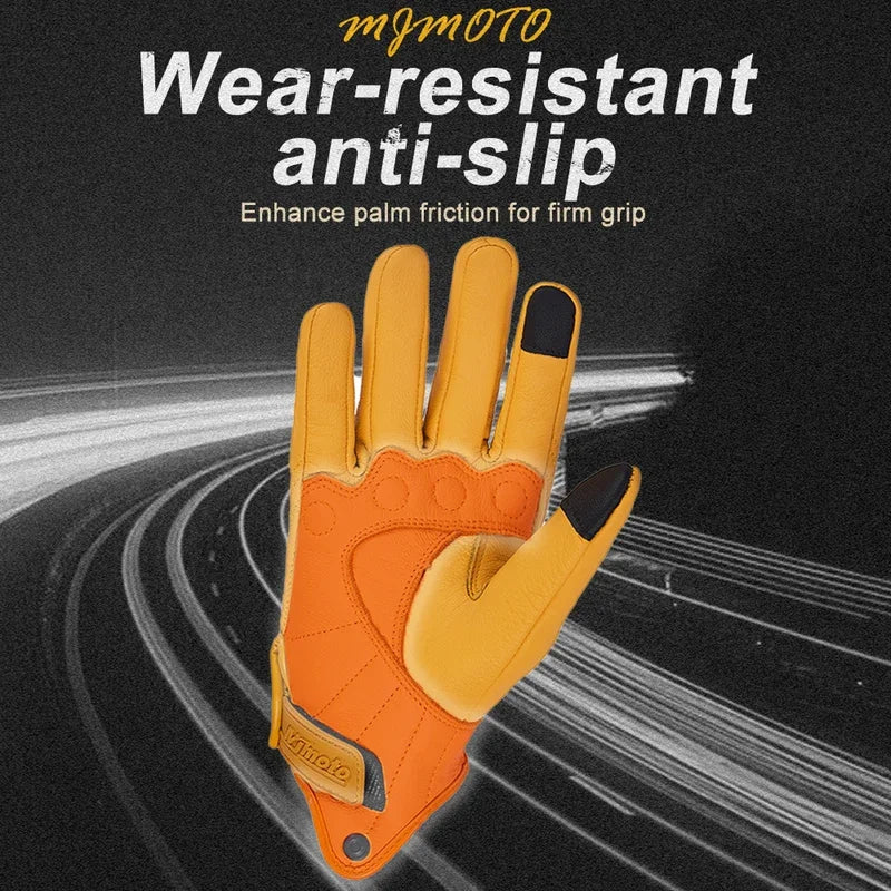 MJMOTO New Yellow Retro Motorcycle Riding Gloves Breathable Comfort Offroad Luvas Joint Protection Motorbike Glove Touchscreen