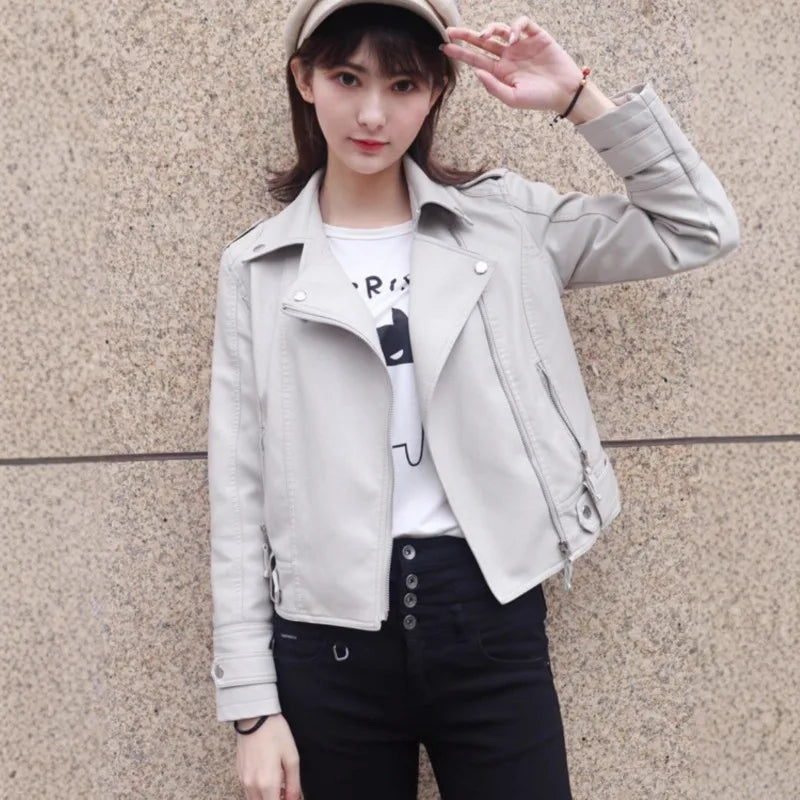 New Pink/beige/black Women's Clothing Short Motorcycle PU Leather Jacket Autumn JAdd Cotton Coats Lapels Zip Short Women Jackets