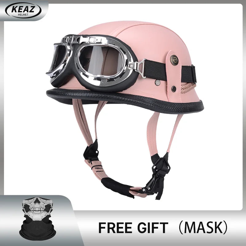 Factory Price Motorcycle German Style Leather Half Face Helmet DOT Approved Cap1/2 Shell Helmets+Goggles Open-Face Casque