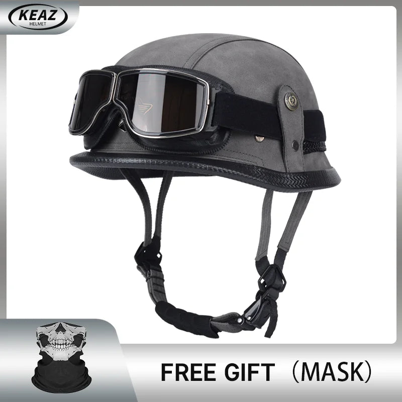 Classical German Style Leather Women and Men Half Face Motorcycle Helmets With Copper Googles Capacete De Moto Masculino DOT