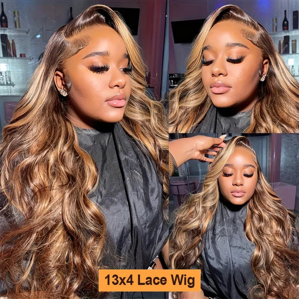 P4/27 Brazilian Body Wave Human Hair Wig for Women 34 Inch 13x4 HD Transparent Lace Frontal with Colored Highlights