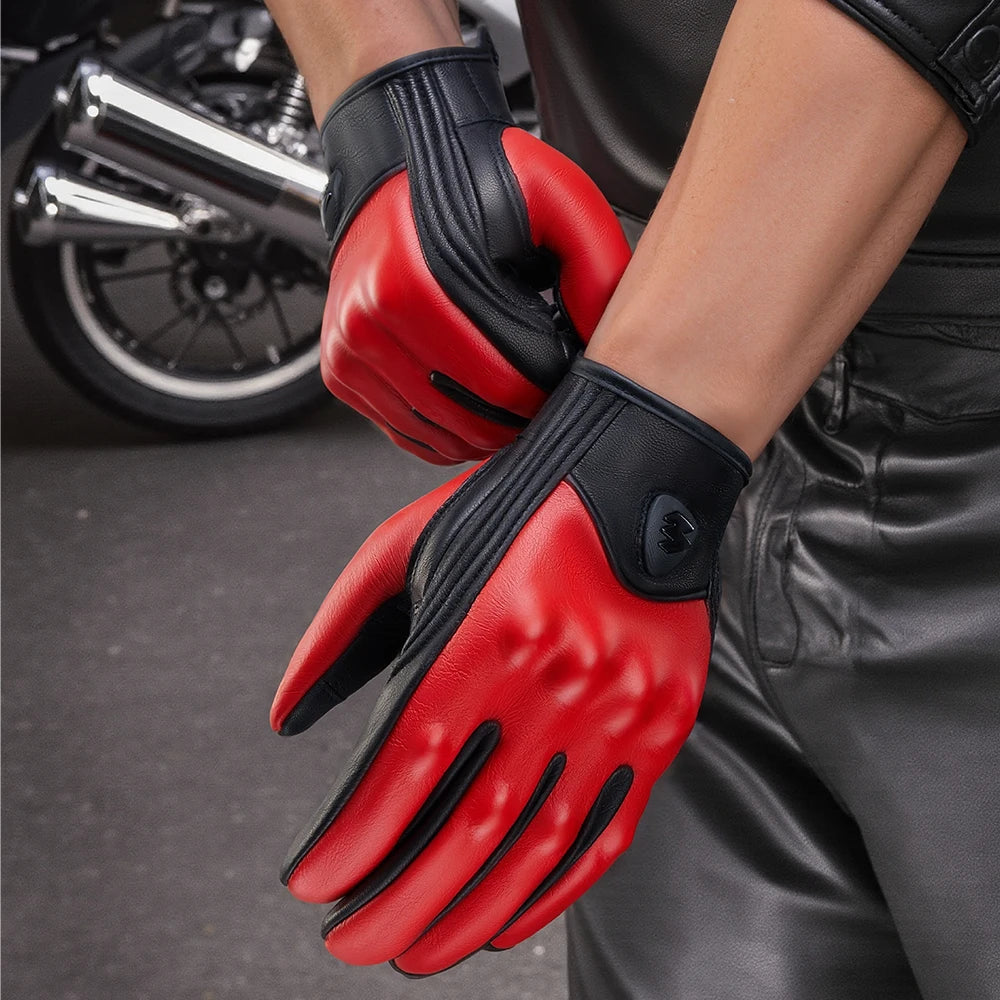 Retro Red Leather Motorcycle Gloves Men Women Breathable Perforated Motorbike Racing Gloves Touch Screen Motocross