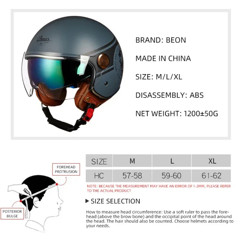 BEON Motorcycle Retro Style Helmet Electric Bike Riding Three-quarters Half Helmet Lightweight Dual Lens Safety Helmet