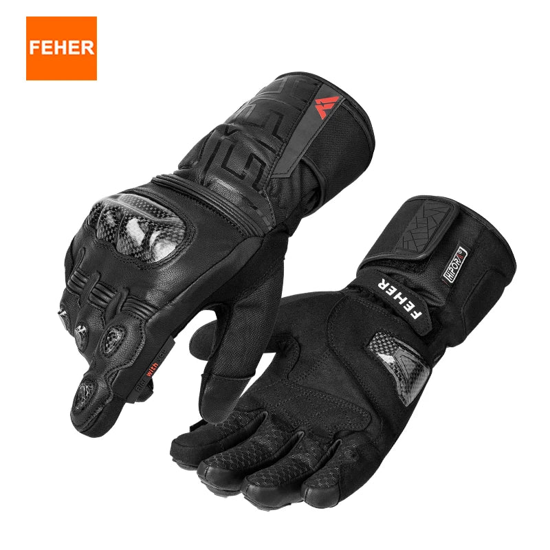 FEHER Winter Motorcycle Riding Gloves Waterproof Touchscreen Leather Keep Warm Finger Joint Carbon Fiber Design Motorbike Gloves