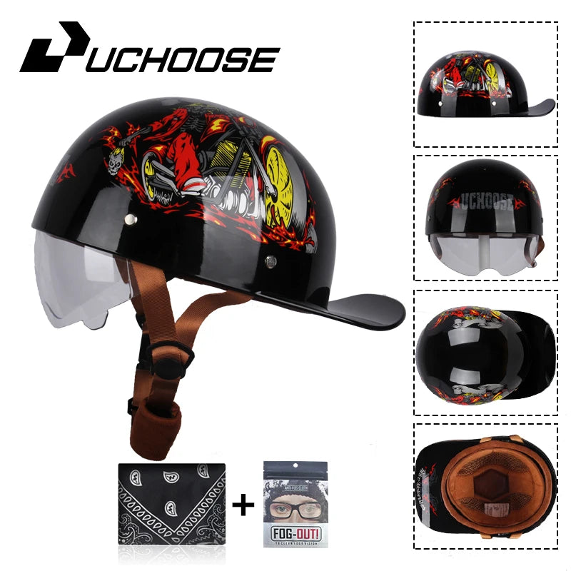 Uchoose Baseball Cap Helmet Motorcycle Vintage Retro Helmets Summer Open Face Scooter Cruiser Chopper Gangster DS Men Women Kid