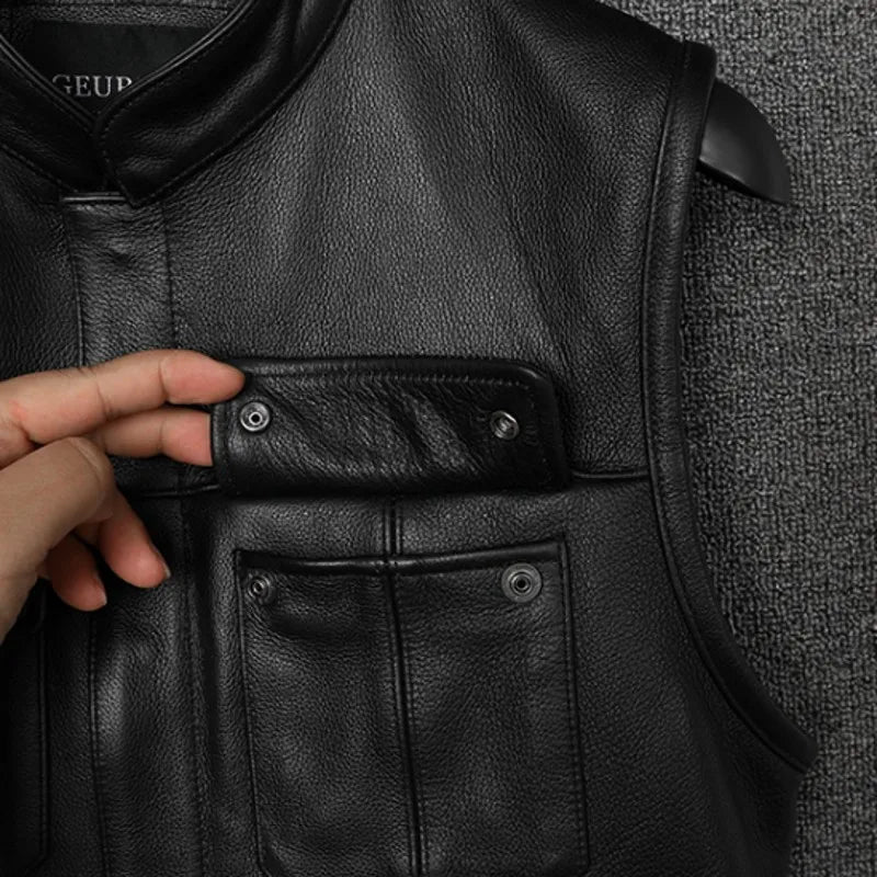 Men Real Leather Vest Motorcycle Biker High Quality Vest Genuine Leather Cowhide Sleeveless Jackets Waistcoat Stand Collar 5XL